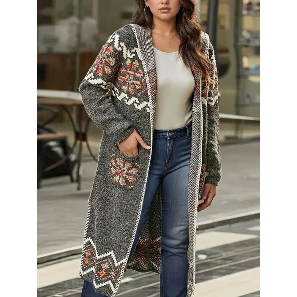 Sweater Womens Plus Cardigan Gray Hooded Long Duster Aztec Pockets - Picture 6 of 6